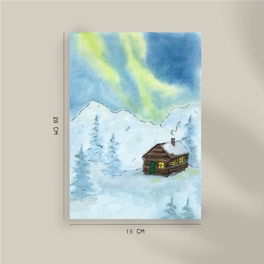 Hyttetur - A5 trykk - Kunsttrykk av hytte under nordlys