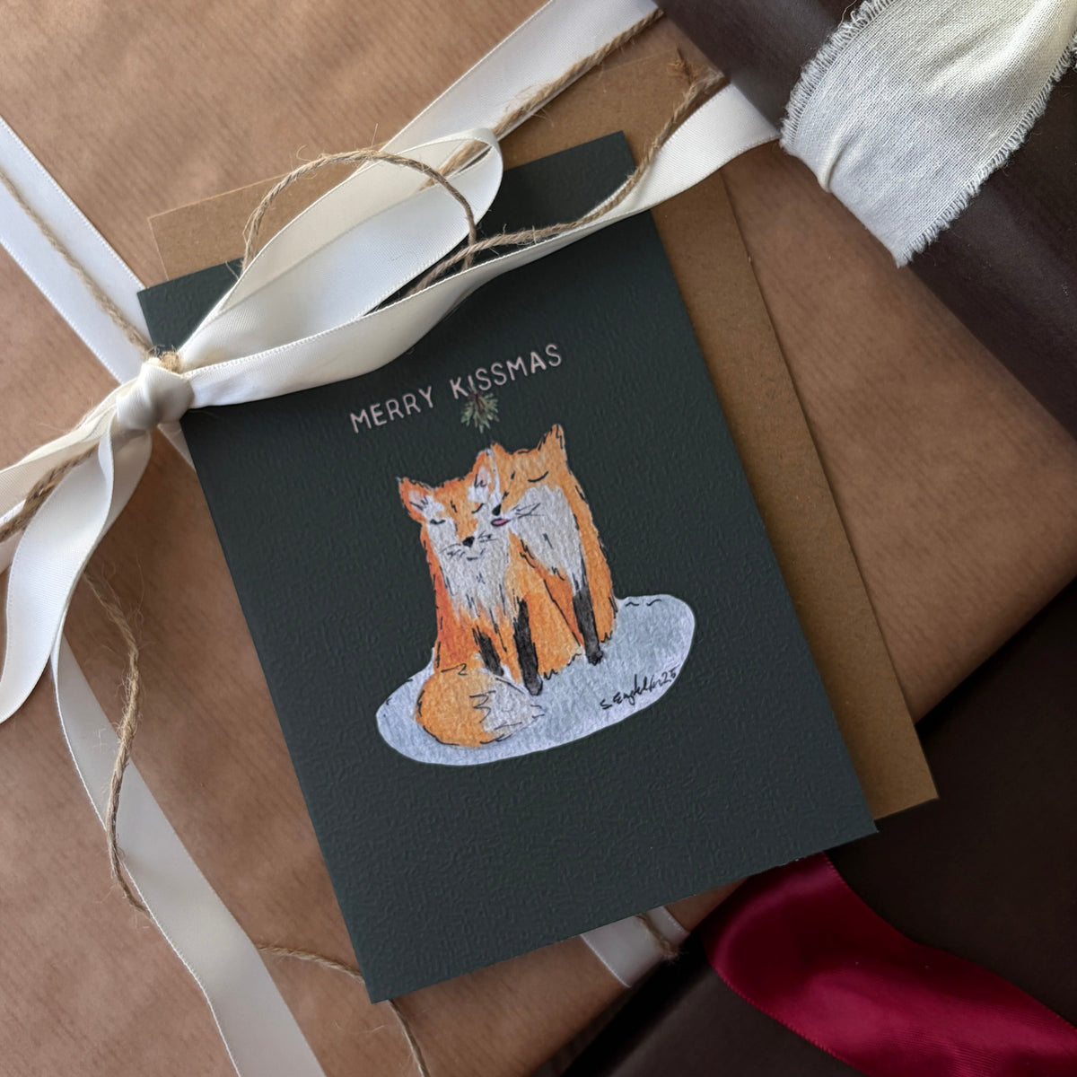 Merry kissmas – Doble julekort - Hjemmelaget julekort - Rev - malt kort - Håndlaget kort