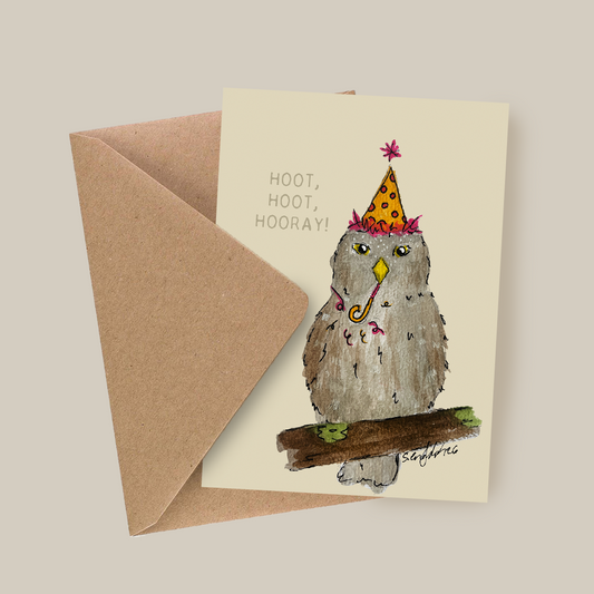 Bursdagskort med tekst - Hoot hoot hooray – Spurv Ugle - akvarell | Party Animals