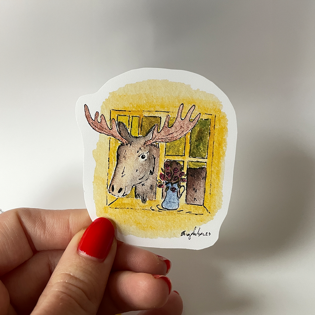 Hallo i luken Elg - Håndlaget klistremerke med original kunst