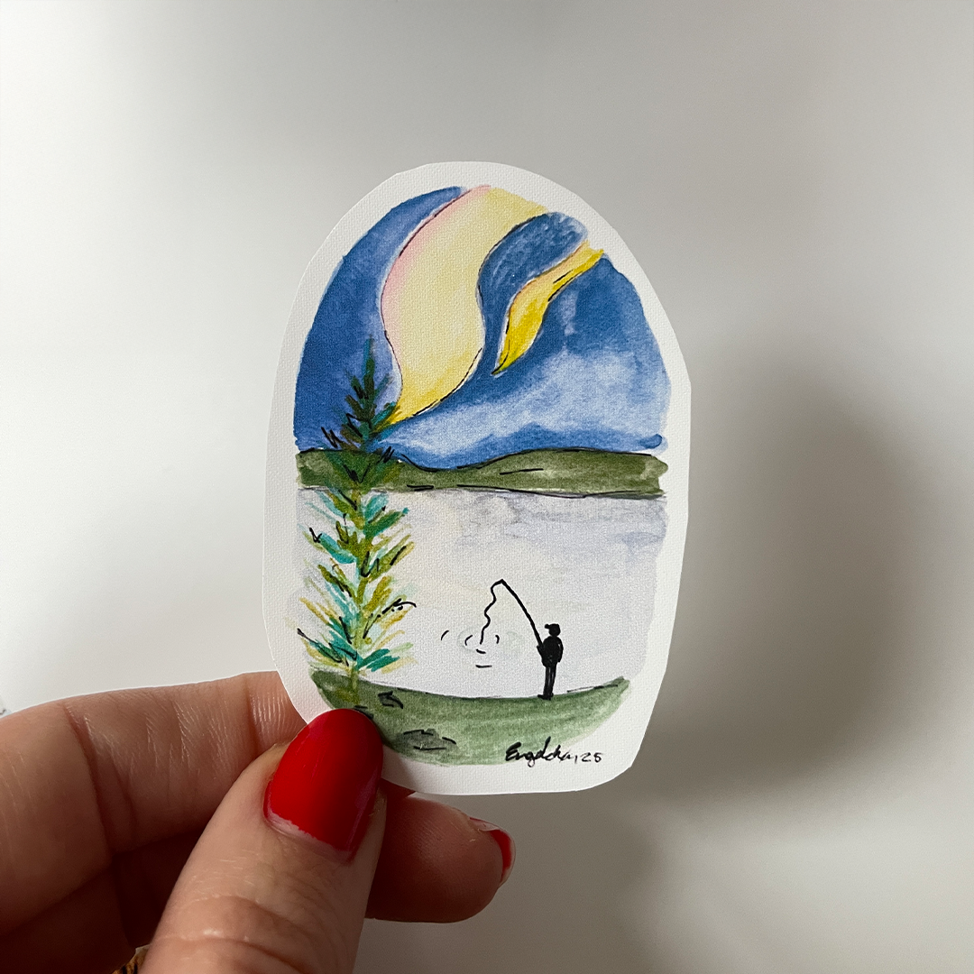 Fishing in the dark - Håndlaget klistremerke med original kunst