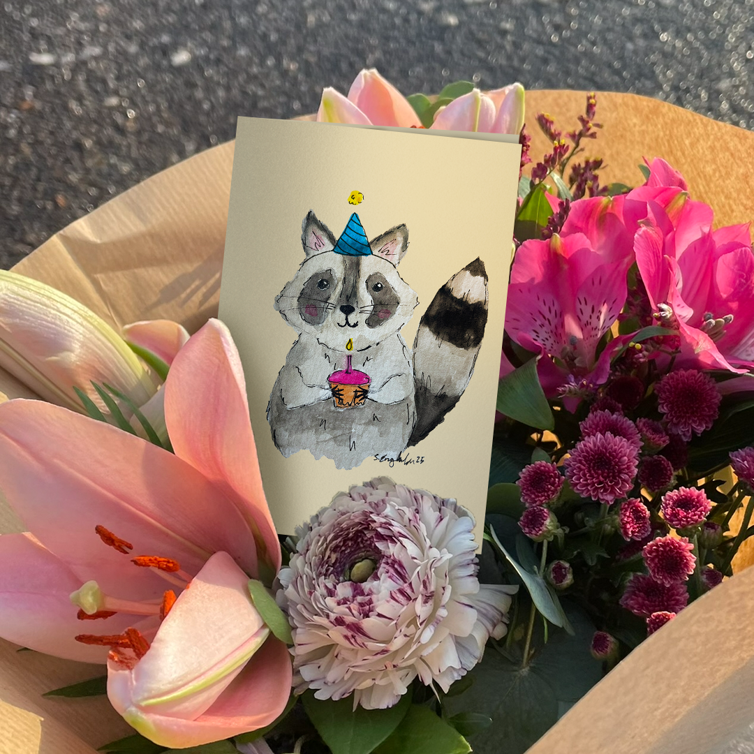 Wasbeer - Handgemaakte verjaardagskaart met originele illustratie