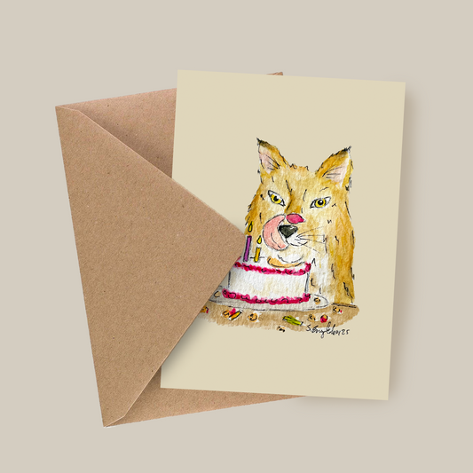 Rev som spiser kake - Håndlaget bursdagskort med original kunst