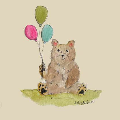 maleri av en brun bjørn som holder 3 fargerike ballonger. Malt med akvarell. 