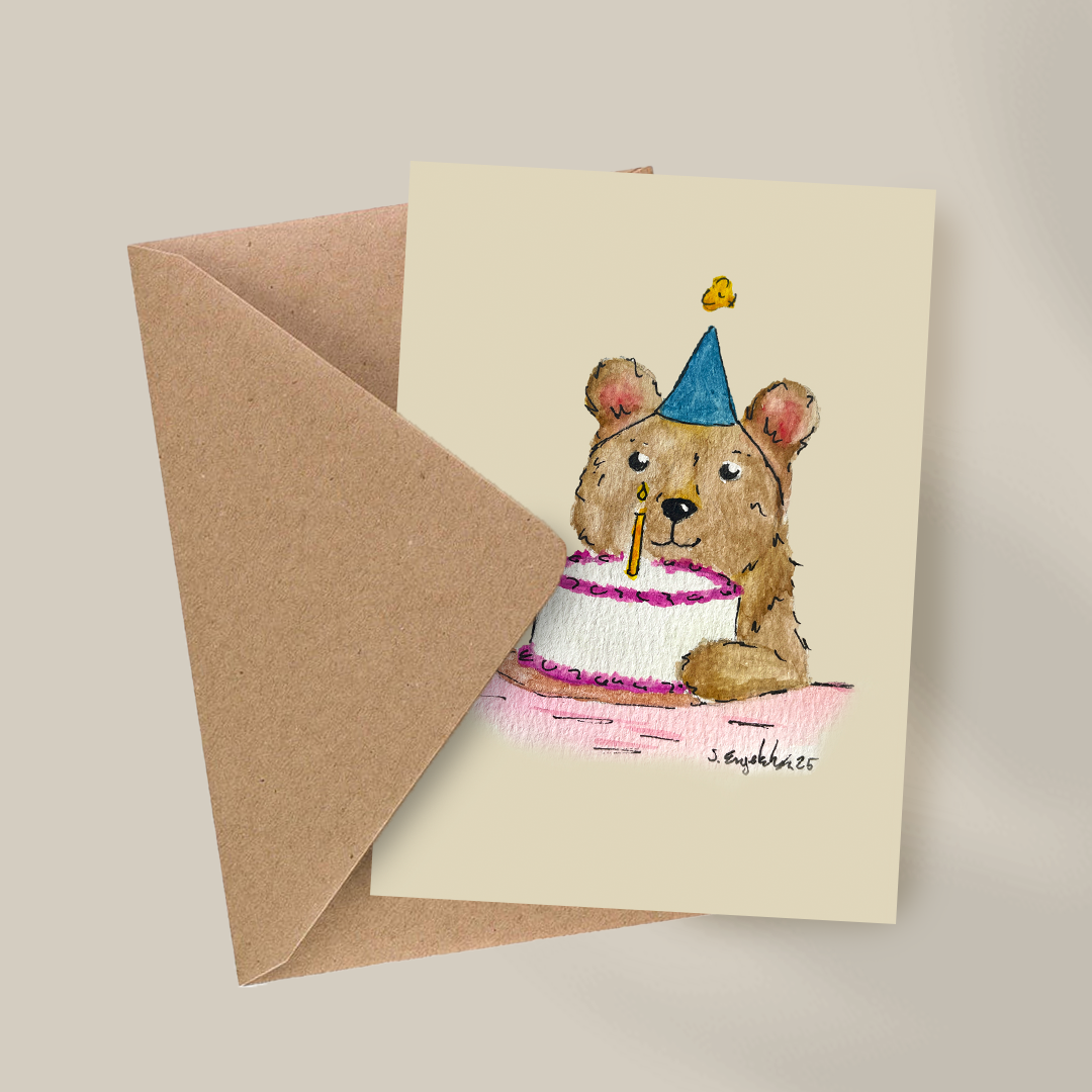 Bursdagsbjørn - Håndlaget bursdagskort med original kunst