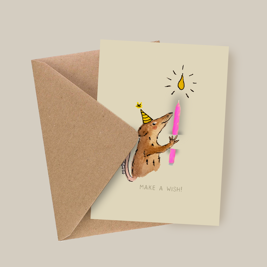 Bursdagskort med tekst - Make a wish –  spissmus - akvarell | Party Animals