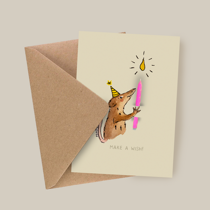 Bursdagskort med tekst - Make a wish –  spissmus - akvarell | Party Animals