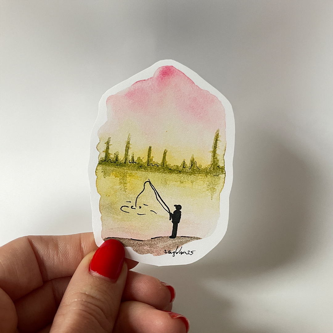 Fiske i solnedgang - Håndlaget klistremerke med original kunst