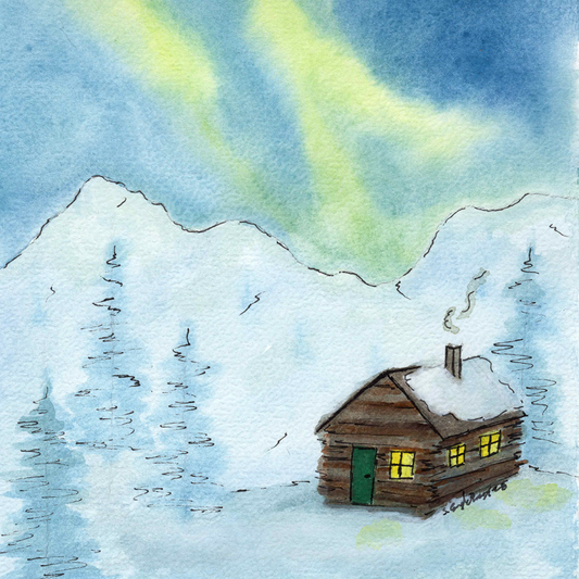 Hyttetur - A5 trykk - Kunsttrykk av hytte under nordlys