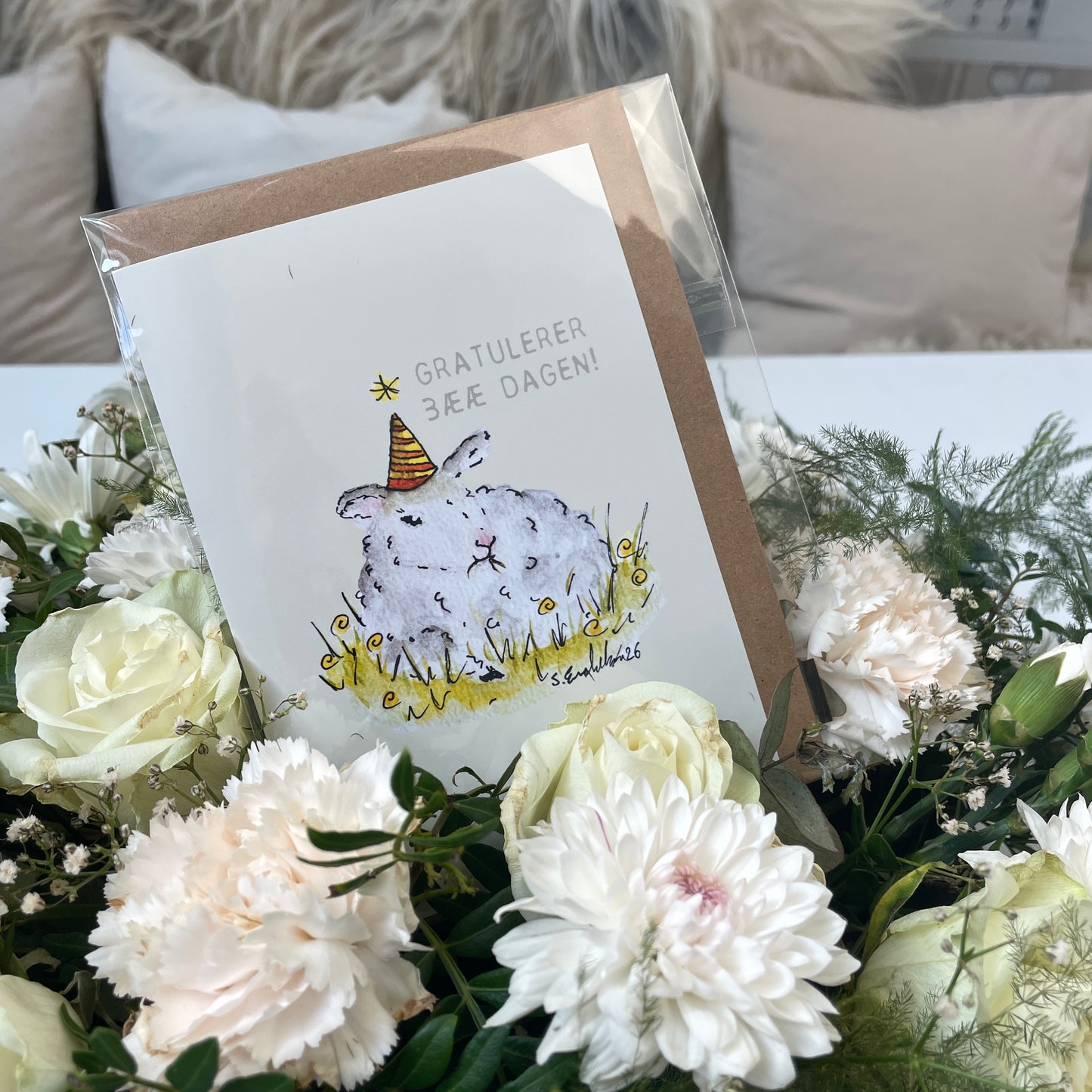 Moose with balloons - Handmade birthday card with original art