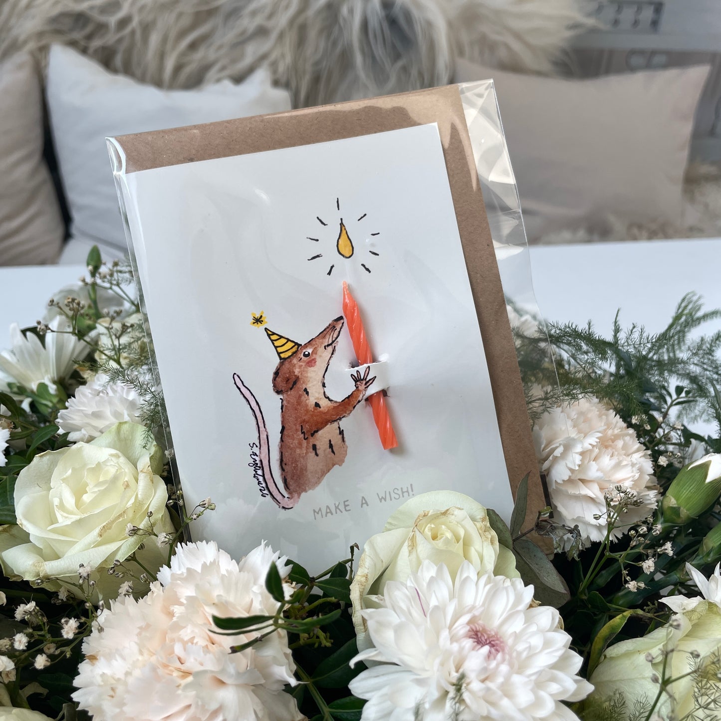 Bursdagskort med tekst - Make a wish –  spissmus - akvarell | Party Animals