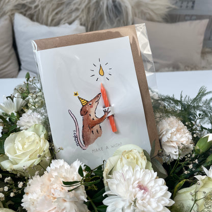 Bursdagskort med tekst - Make a wish –  spissmus - akvarell | Party Animals