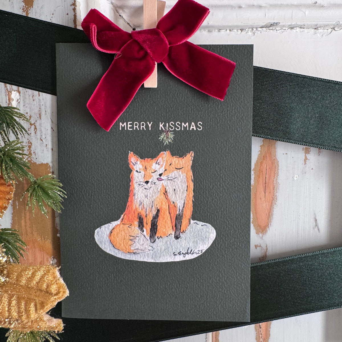 Merry kissmas –  Doble julekort - Hjemmelaget julekort - Rev - malt kort - Håndlaget kort