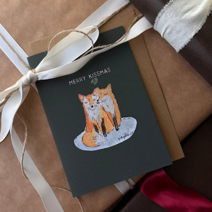 Merry kissmas –  Doble julekort - Hjemmelaget julekort - Rev - malt kort - Håndlaget kort