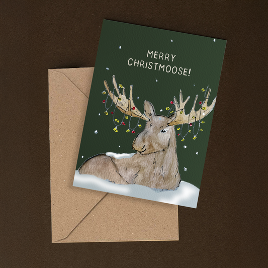 Merry Christmoose – håndlaget julekort med original kunst