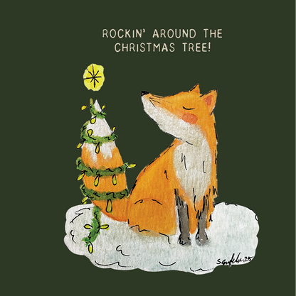 Rocking around the christmas tree –  Doble julekort - Hjemmelaget julekort - Rev - malt kort - Håndlaget kort
