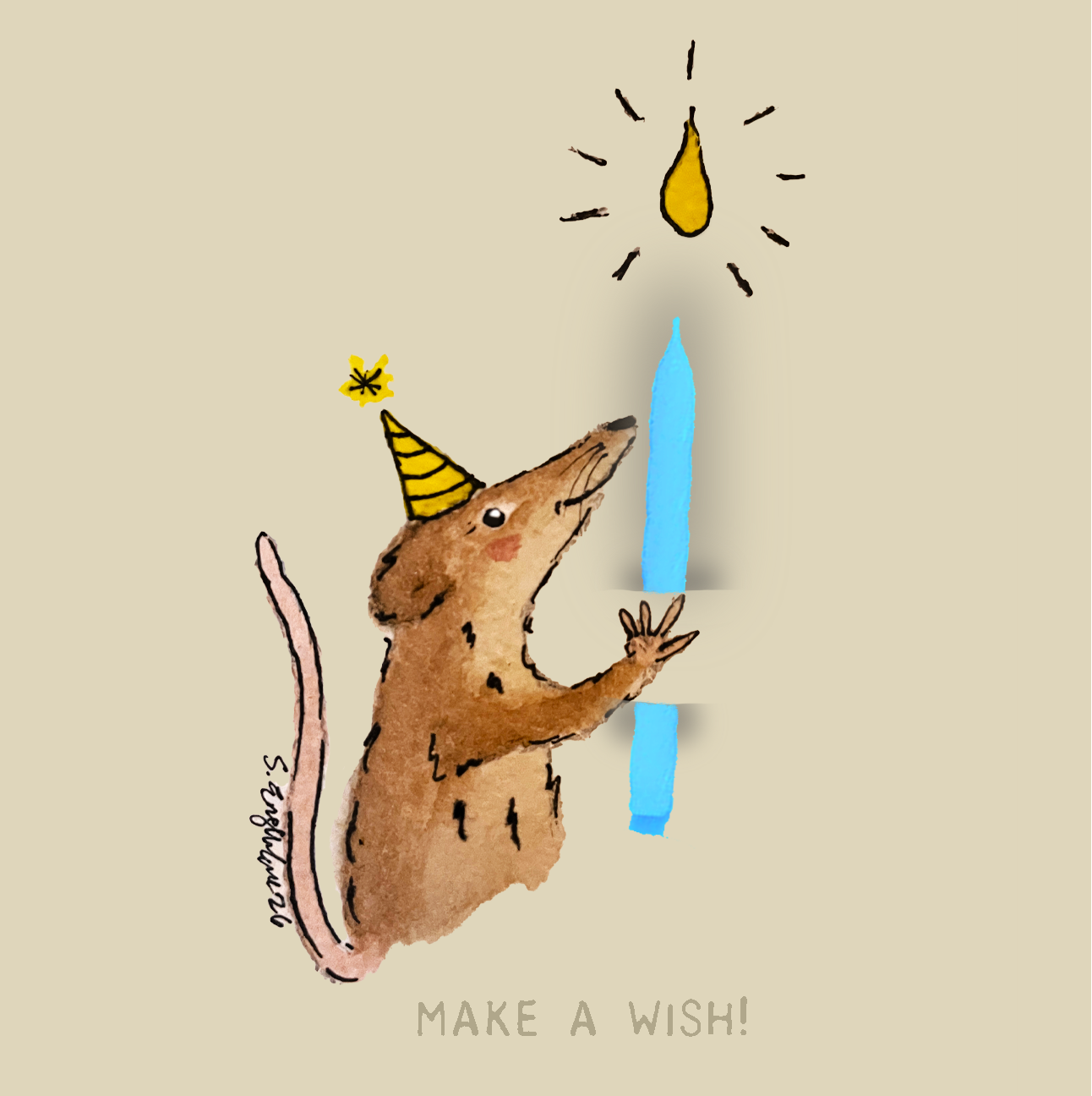 Bursdagskort med tekst - Make a wish –  spissmus - akvarell | Party Animals