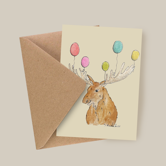 Elg med ballonger - Håndlaget bursdagskort med original kunst