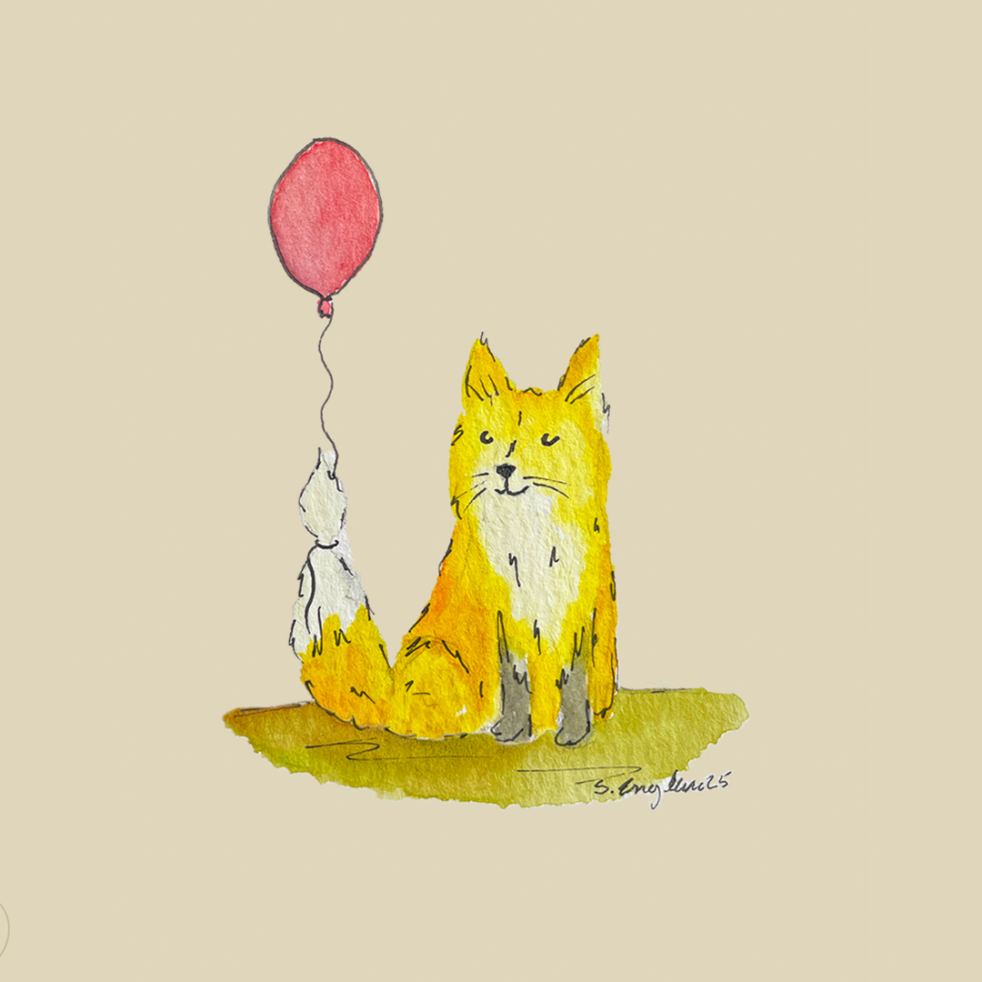 Bursdagskort av rødrev med ballong i halen sin. 