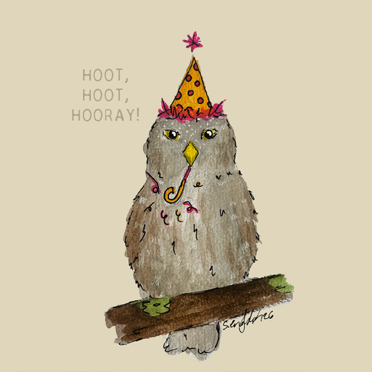 Bursdagskort med tekst - Hoot hoot hooray –  Spurv Ugle - akvarell | Party Animals