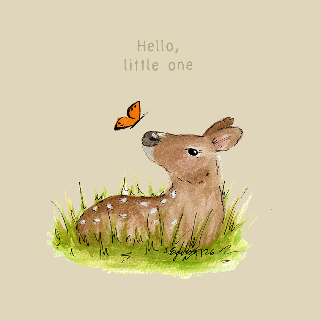 Dåpskort med tekst - Hello little one - rådyr – akvarell | Party Animals