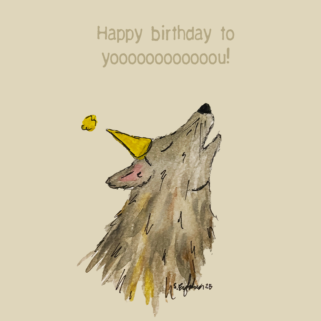 Bursdagskort med tekst - Happy birthday to youuuu - ulv – akvarell | Party Animals