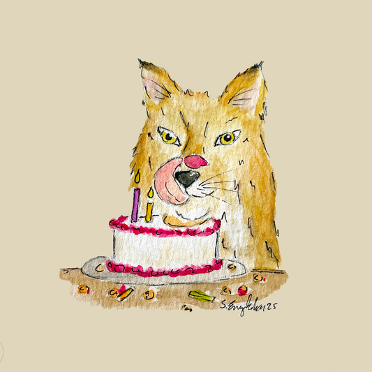 Rev som spiser kake - Håndlaget bursdagskort med original kunst