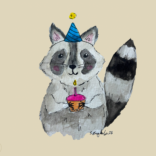 Vaskebjørn - Håndlaget bursdagskort med original kunst