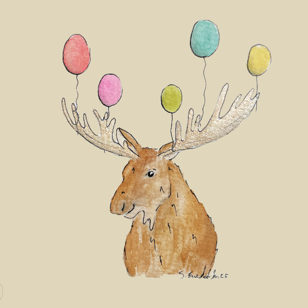 Elg med ballonger - Håndlaget bursdagskort med original kunst