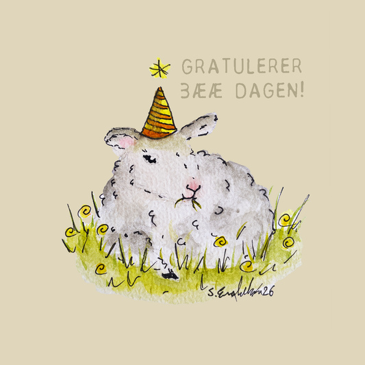 Bursdagskort med tekst - Gratulerer bææ dagen - sau – akvarell | Party Animals