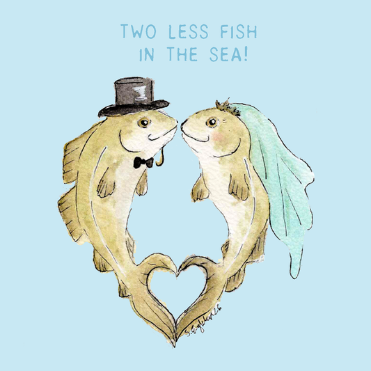 Bryllupskort med tekst - Two less fish in the sea - Torsk - Akvarell | Party Animals