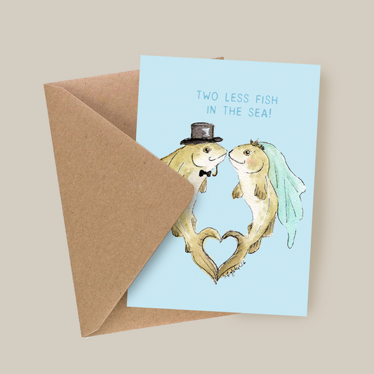 Bryllupskort med tekst - Two less fish in the sea - Torsk - Akvarell | Party Animals