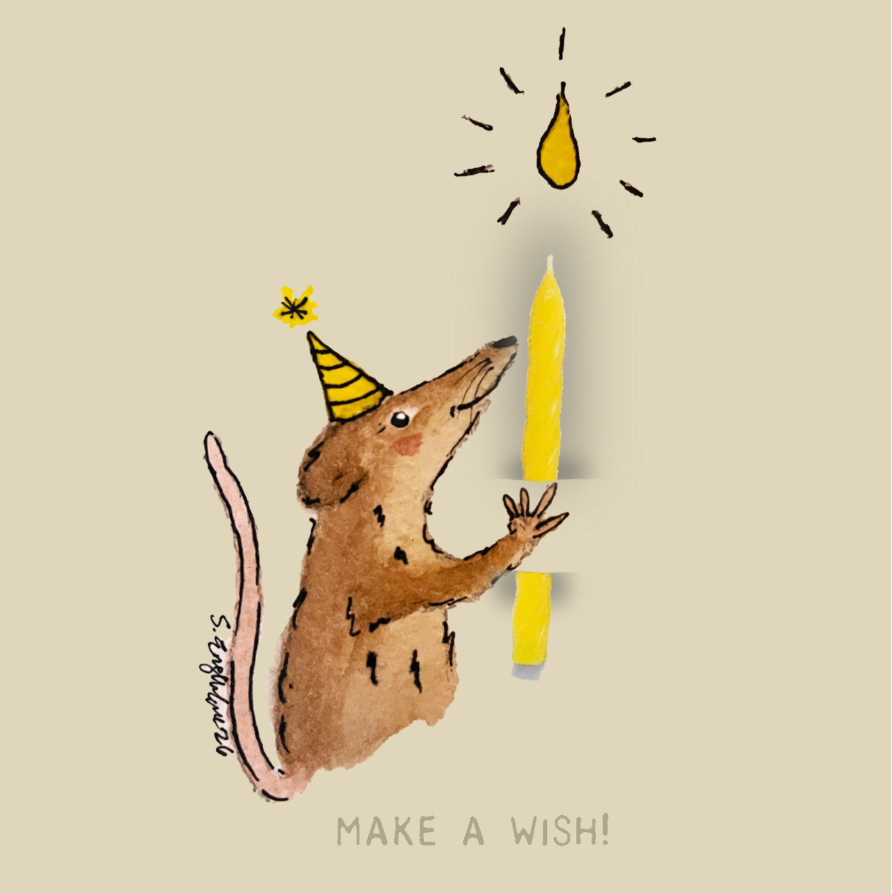 Bursdagskort med tekst - Make a wish –  spissmus - akvarell | Party Animals