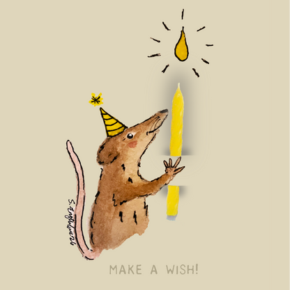 Bursdagskort med tekst - Make a wish –  spissmus - akvarell | Party Animals