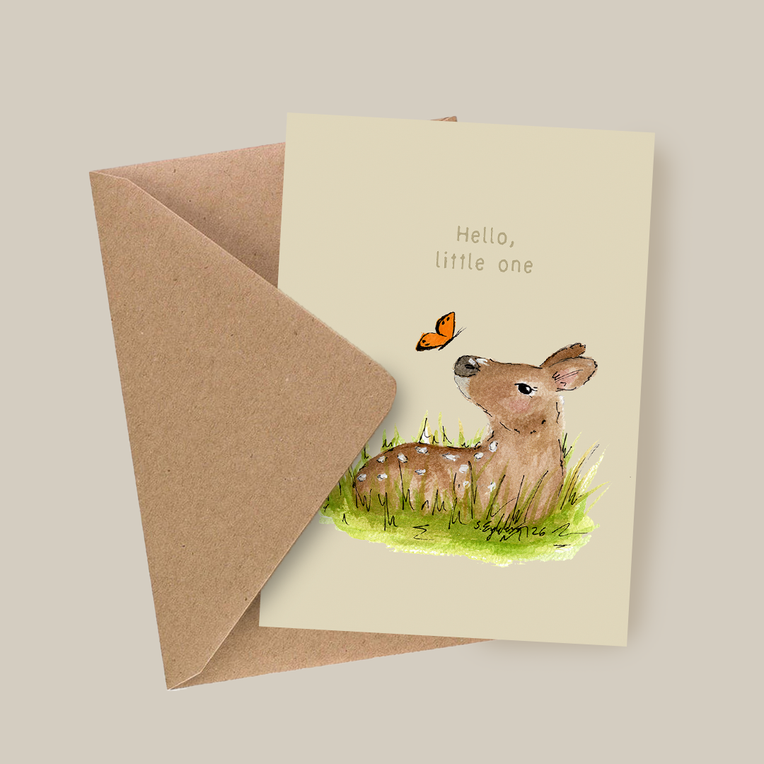Dåpskort med tekst - Hello little one - rådyr – akvarell | Party Animals