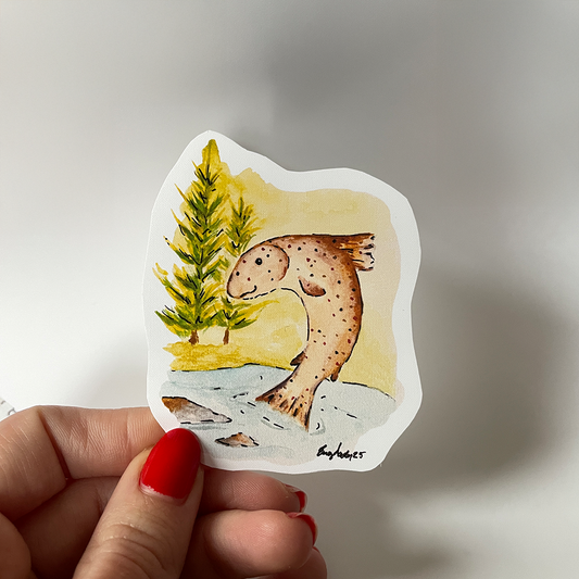 Hoppende glad ørret - Håndlaget klistremerke med original kunst