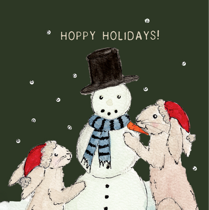 Hoppy Holidays –  Doble julekort - Hjemmelaget julekort - kanin - Hare - malt kort - Håndlaget kort