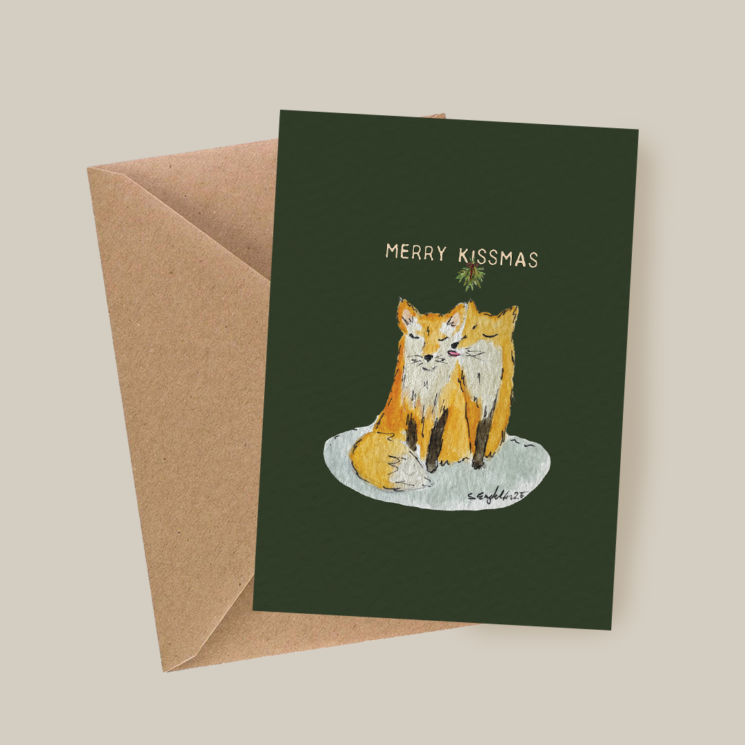 Merry kissmas –  Doble julekort - Hjemmelaget julekort - Rev - malt kort - Håndlaget kort