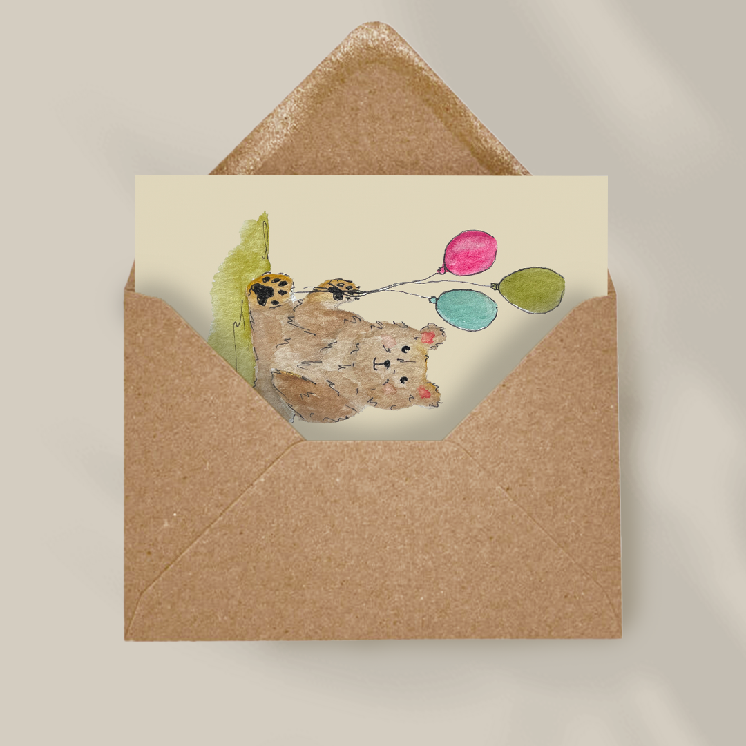 Ballong bjørn - Håndlaget bursdagskort med original kunst