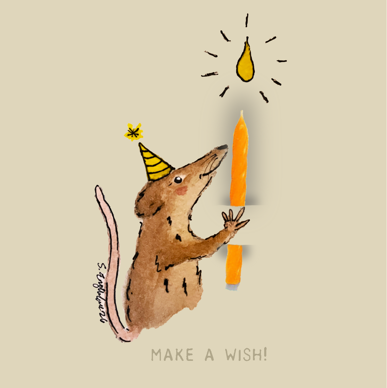 Bursdagskort med tekst - Make a wish –  spissmus - akvarell | Party Animals
