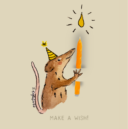 Bursdagskort med tekst - Make a wish –  spissmus - akvarell | Party Animals