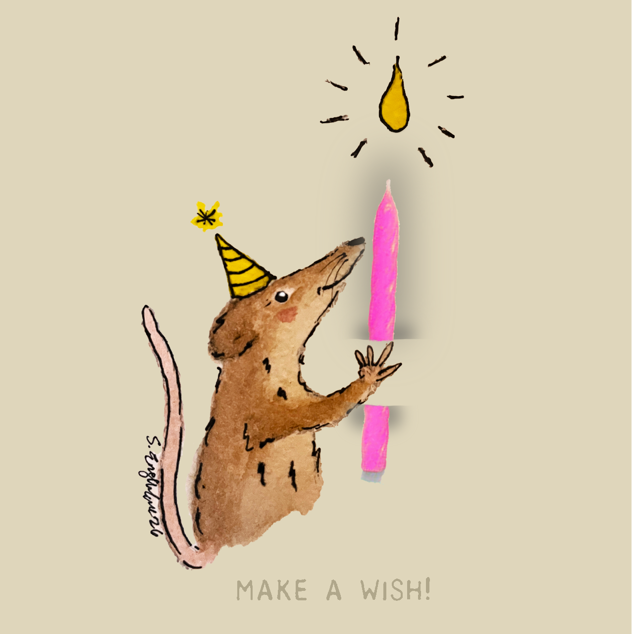 Bursdagskort med tekst - Make a wish –  spissmus - akvarell | Party Animals