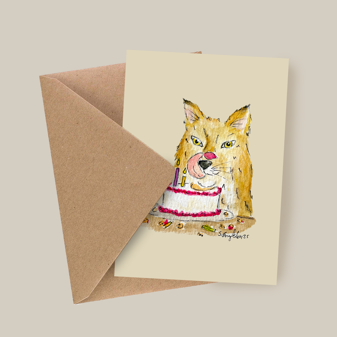 Vos die taart eet - Handgemaakte verjaardagskaart met originele illustratie