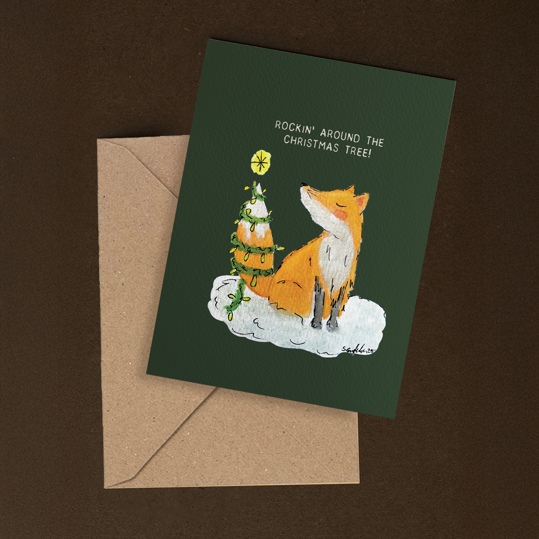 Rockin' Around the Christmas Tree - handgemaakte kerstkaart met originele kunst