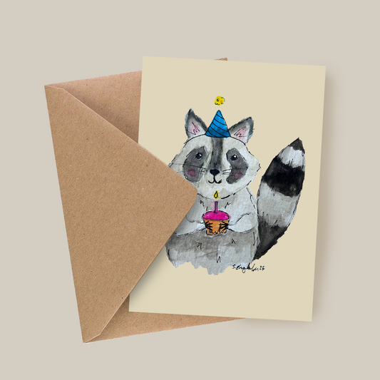 Vaskebjørn - Håndlaget bursdagskort med original kunst